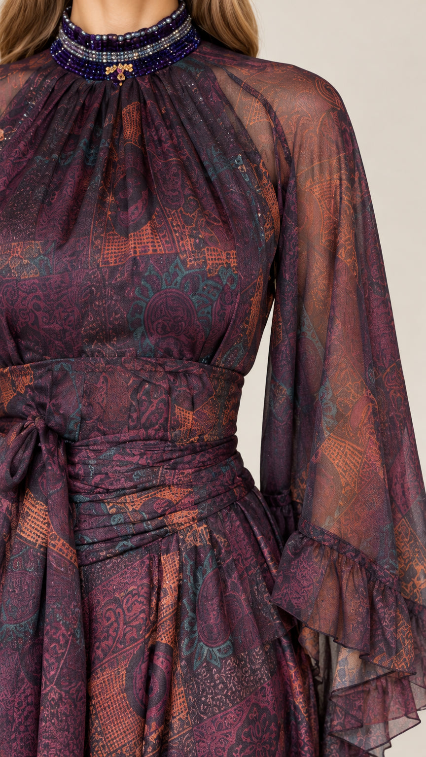 Close-up detail of embellished beaded mock neckline, gathered bodice, and tie waist