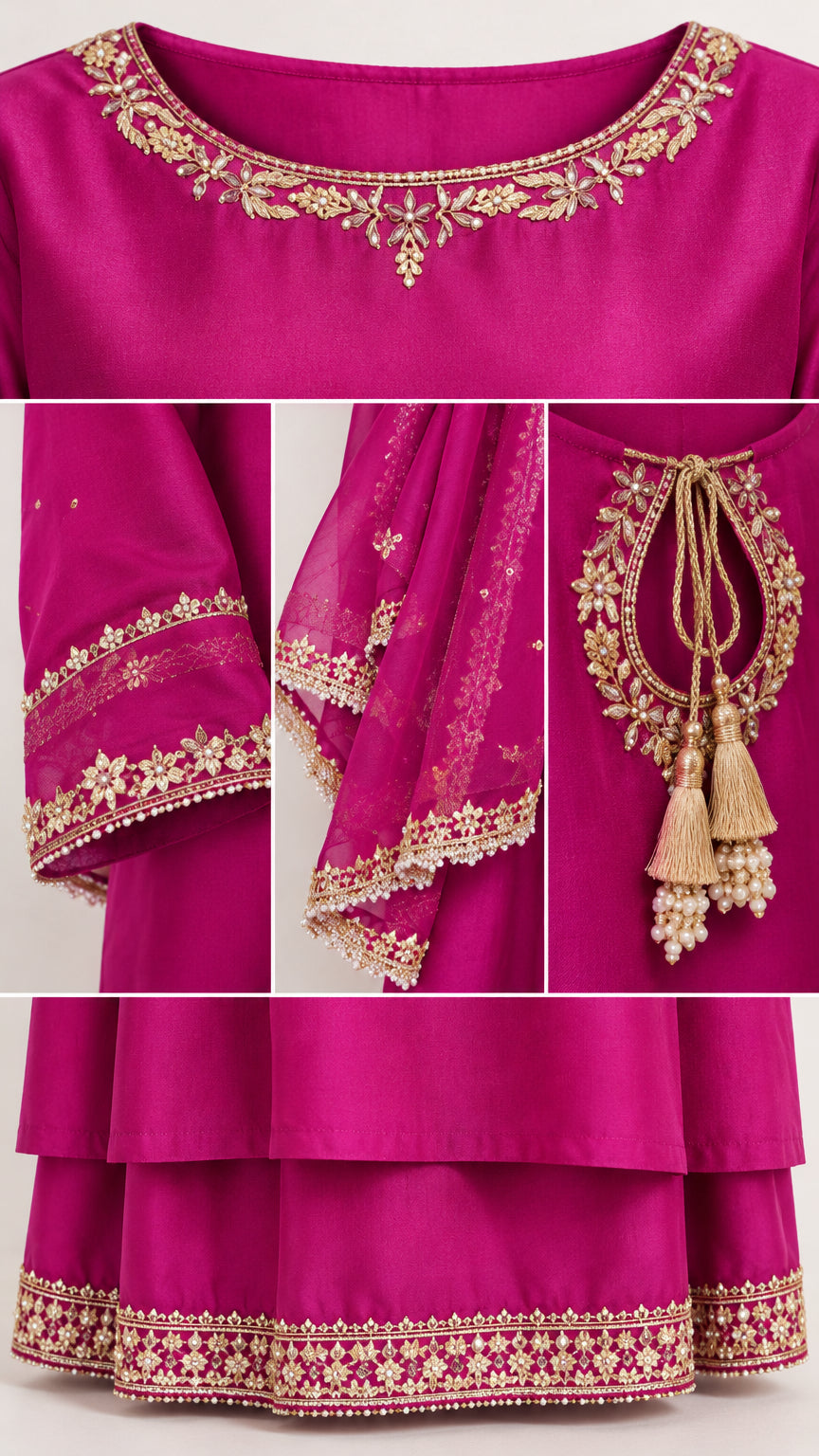 Close-up details of metallic gold neckline embroidery, cuffs, hem, and back tassels