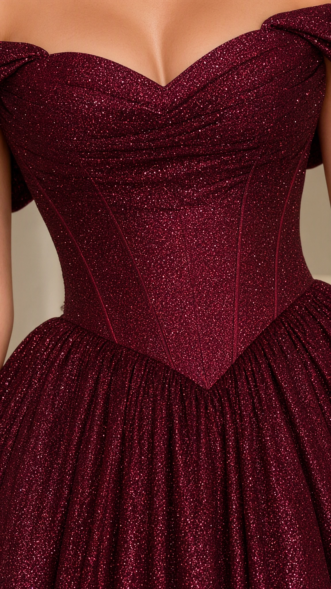 Close-up detail of Burgundy glitter sweetheart corset bodice with basque waist