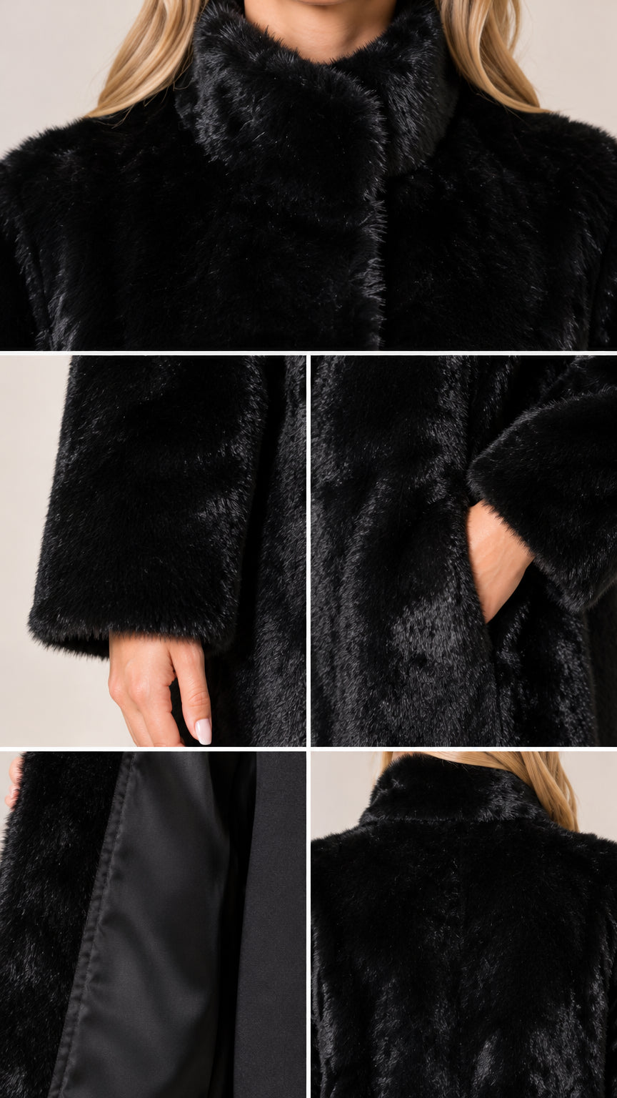 Close-up details of collar, cuffs, pocket, and smooth inner lining of black faux fur coat