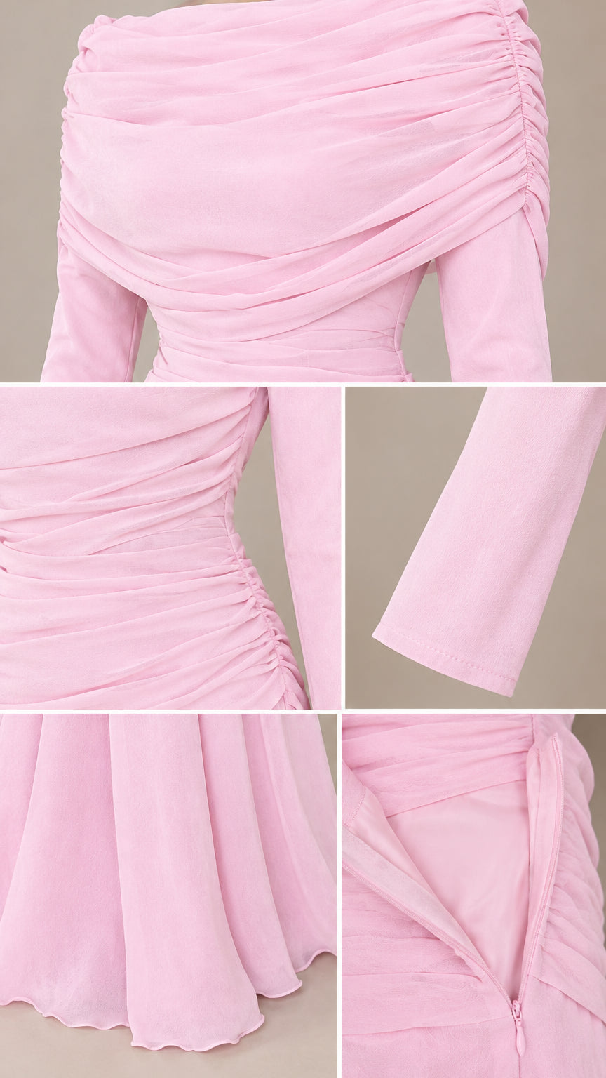 Close-up details of ruched bodice, cowl drape, sleeve cuff, and zipper