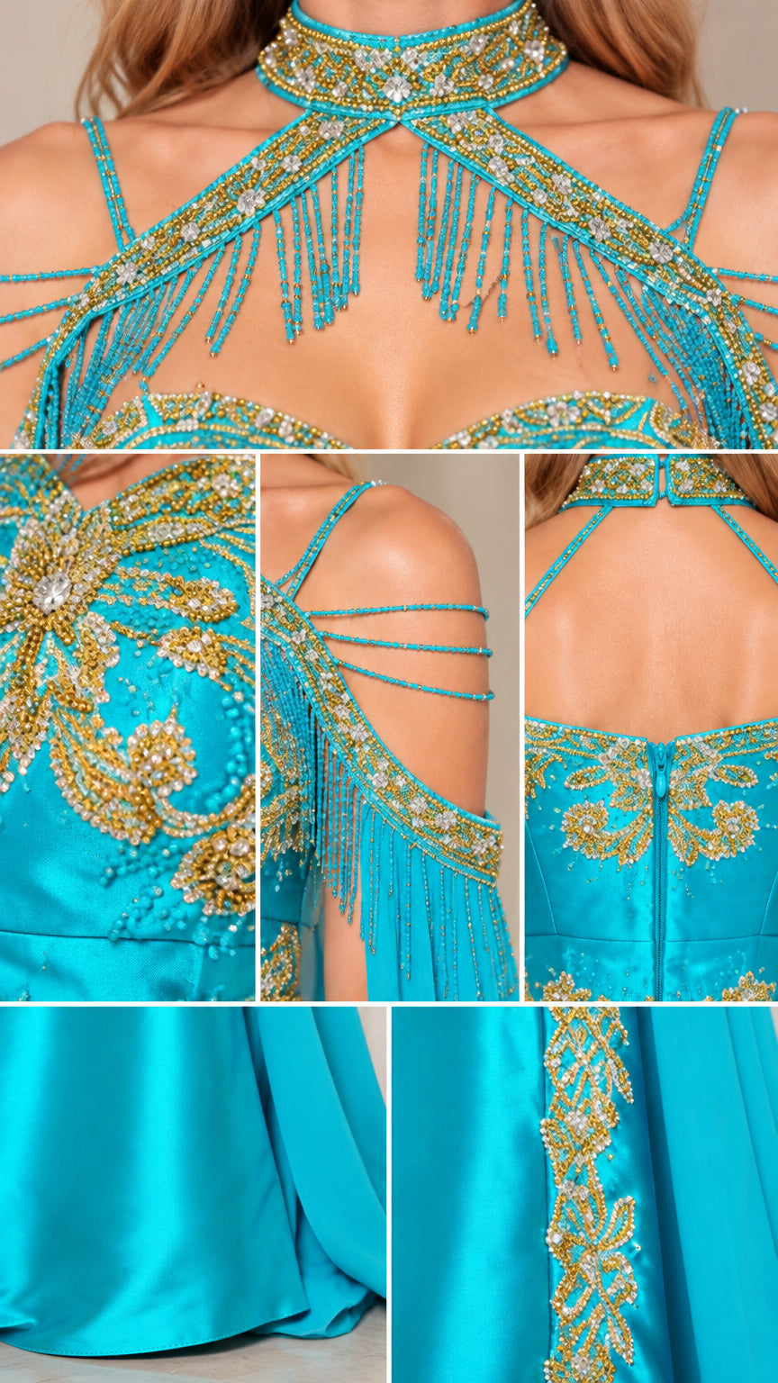 Close-up details of beaded fringe halter neckline, shoulder drape, and gold embroidery