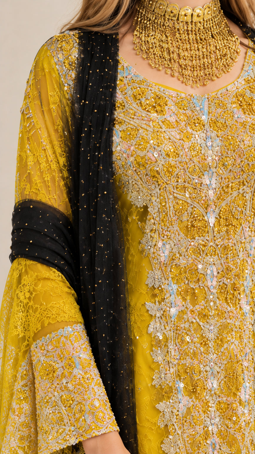 Close-up detail of ornate gold and silver embroidery on yellow lace kaftan