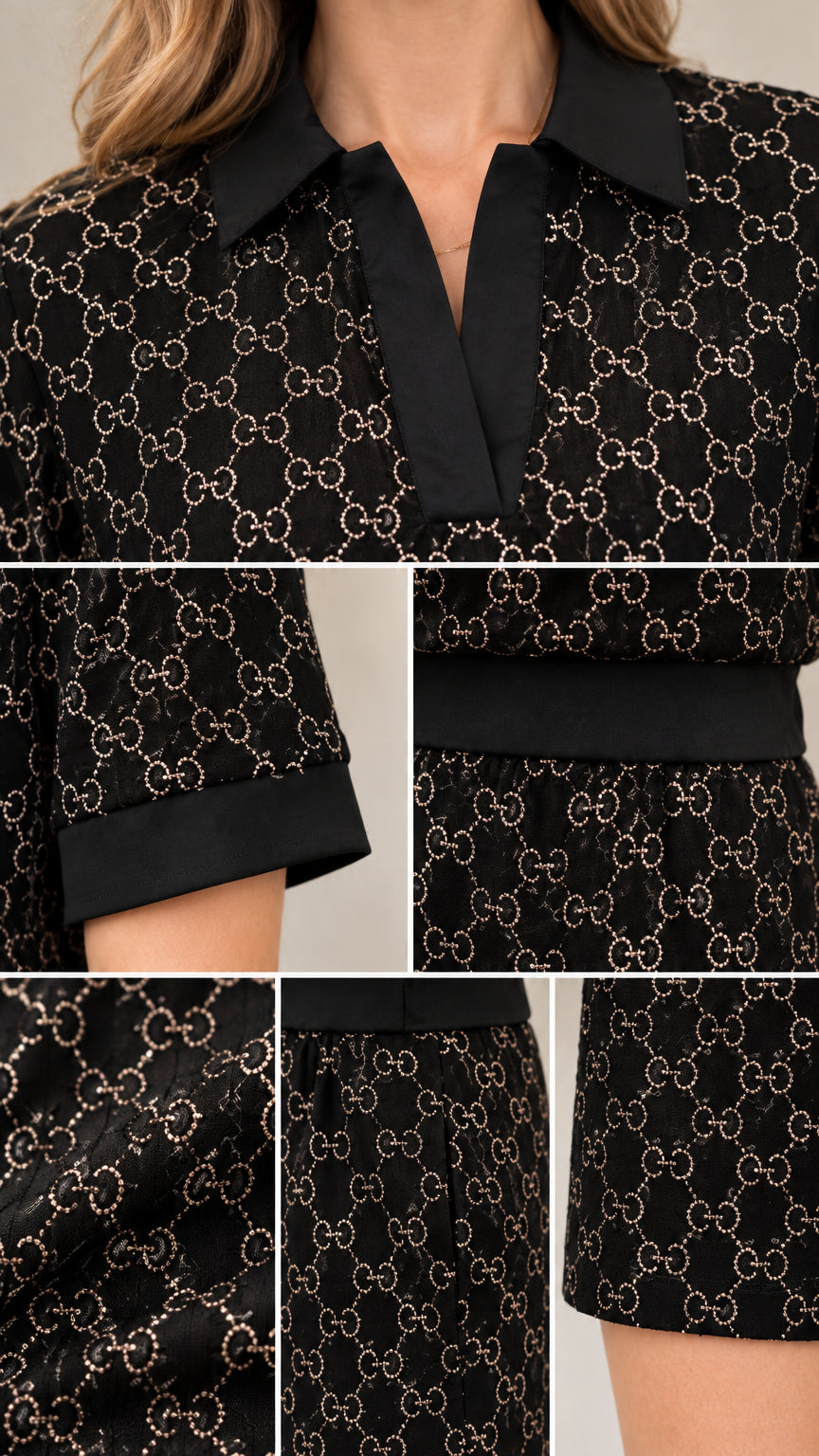 Detailed close-up collage of the black polo collar, cuff, waistband, and geometric pattern fabric