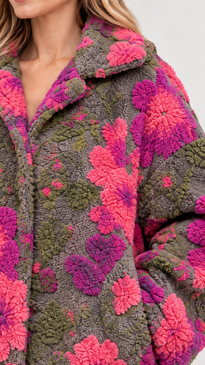 Close-up detail of textured floral sherpa fleece fabric and lapel collar