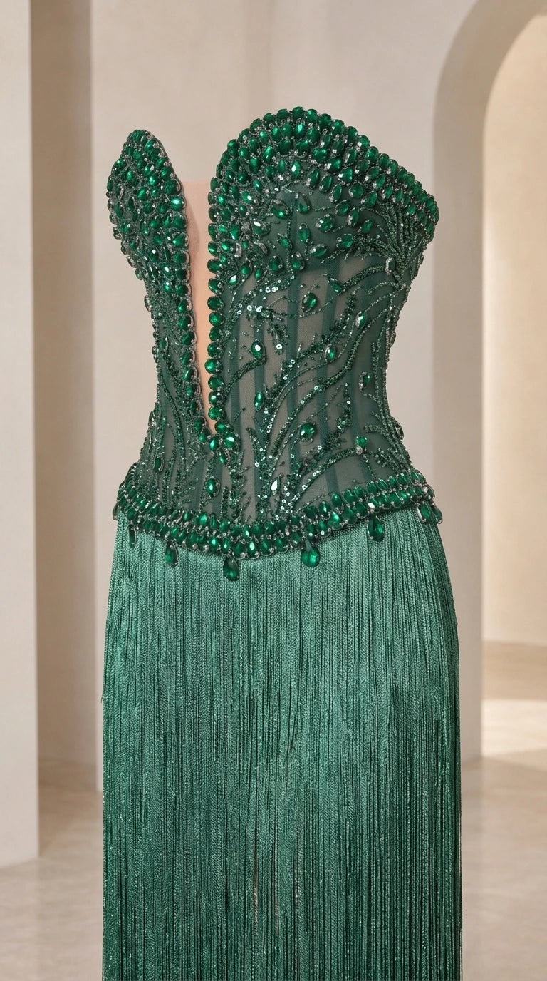 Close-up detail of Emerald Green beaded sweetheart corset bodice and fringe
