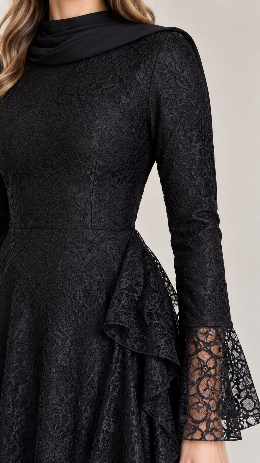 Close-up detail of high neckline, textured lace bodice, and sheer lace cuffs