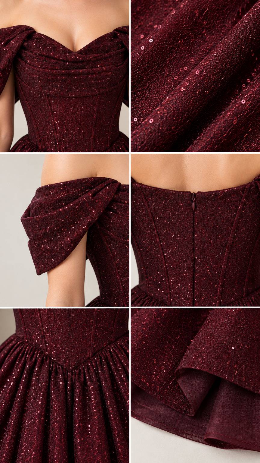 Close-up details of draped bodice, glitter texture, and zipper closure