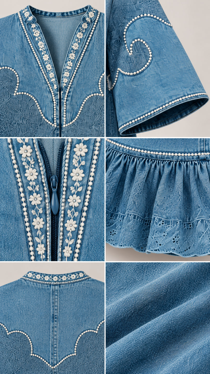 Close-up details of embroidery, stitching, and zipper on Denim Blue dress