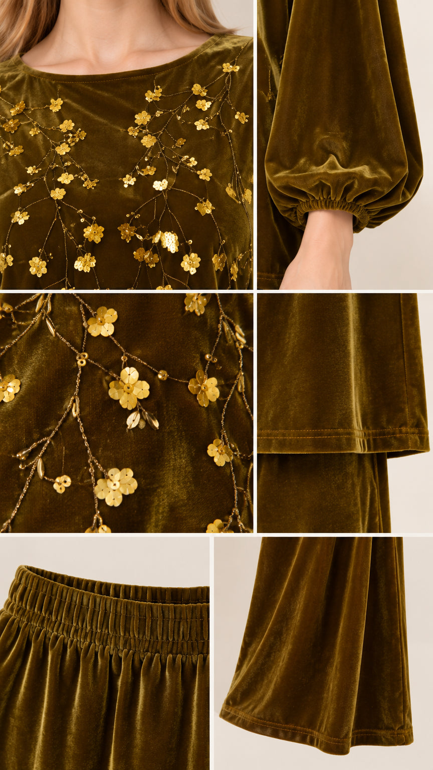 Detailed close-ups of velvet texture, sequin embroidery, elastic cuffs, and hem