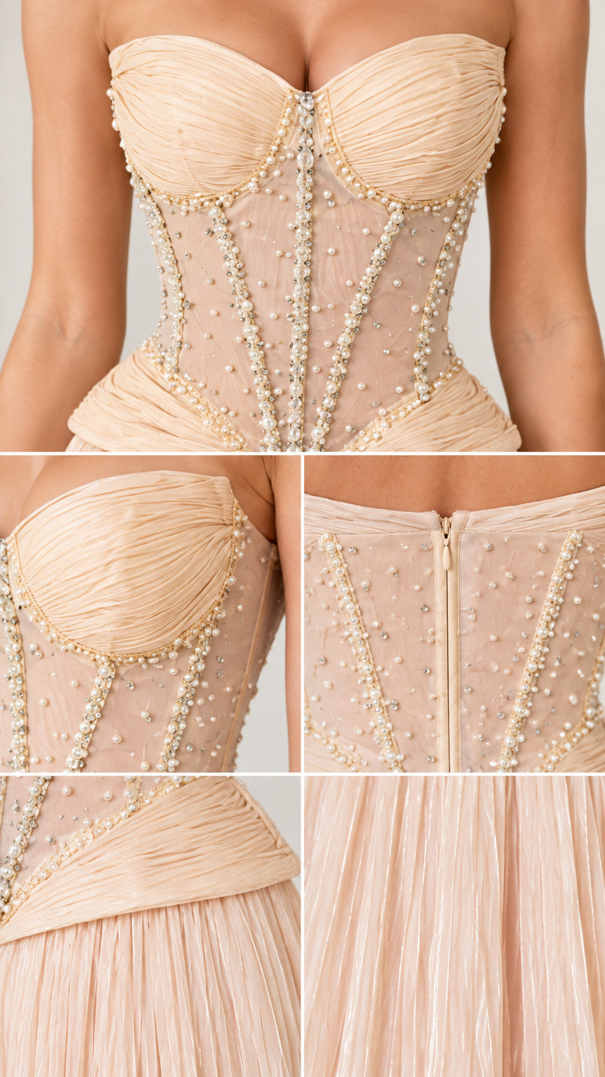 Close-up details of pearl-embellished boned corset, ruched bust, and zipper