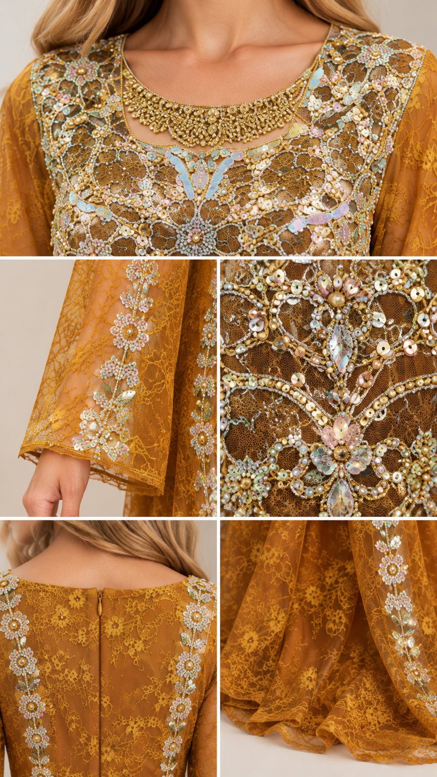 Close-up details of intricate beading, sequin bodice embroidery, flared cuff, and zipper