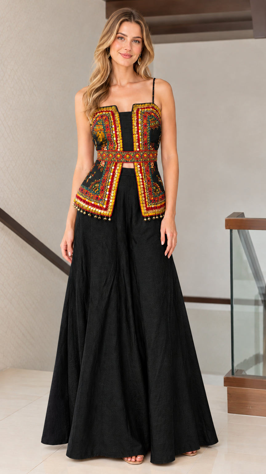 Black embroidered peplum top and matching wide-leg palazzo pants set