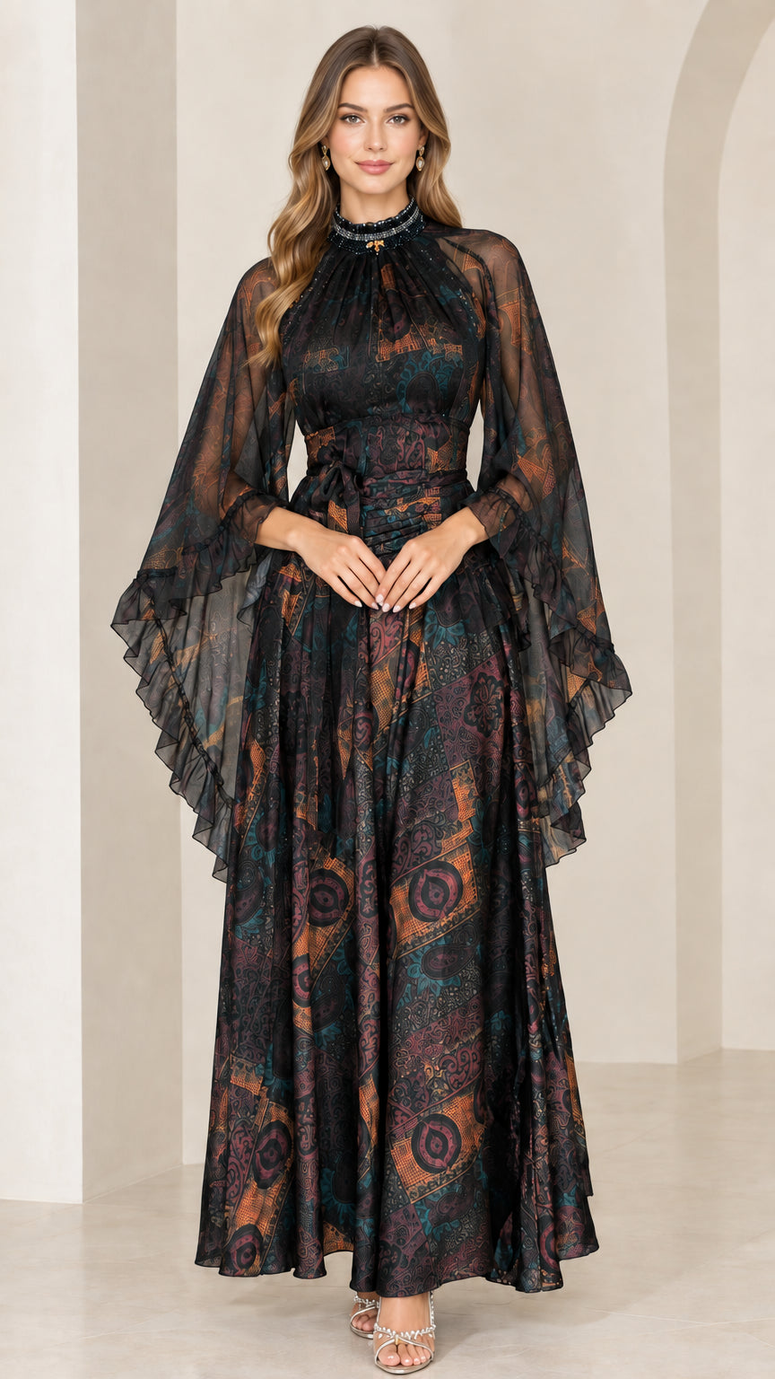 Full front view of Black printed high neck evening maxi dress with flutter sleeves