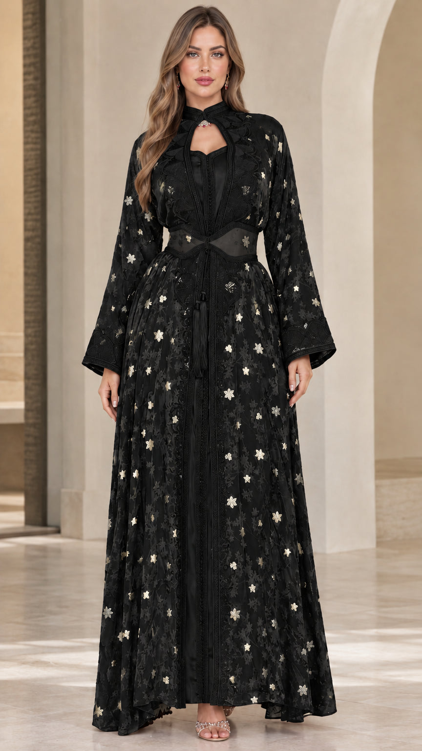 Front full-length view of model wearing Classic Black embroidered maxi dress