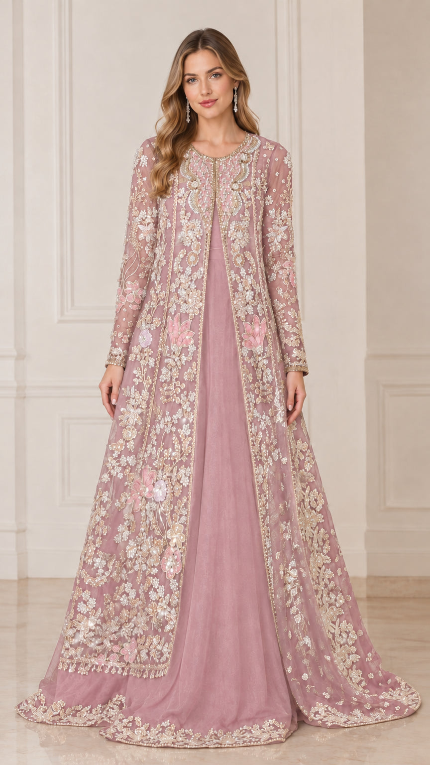 Dusty rose pink floral embroidered beaded maxi jacket evening gown