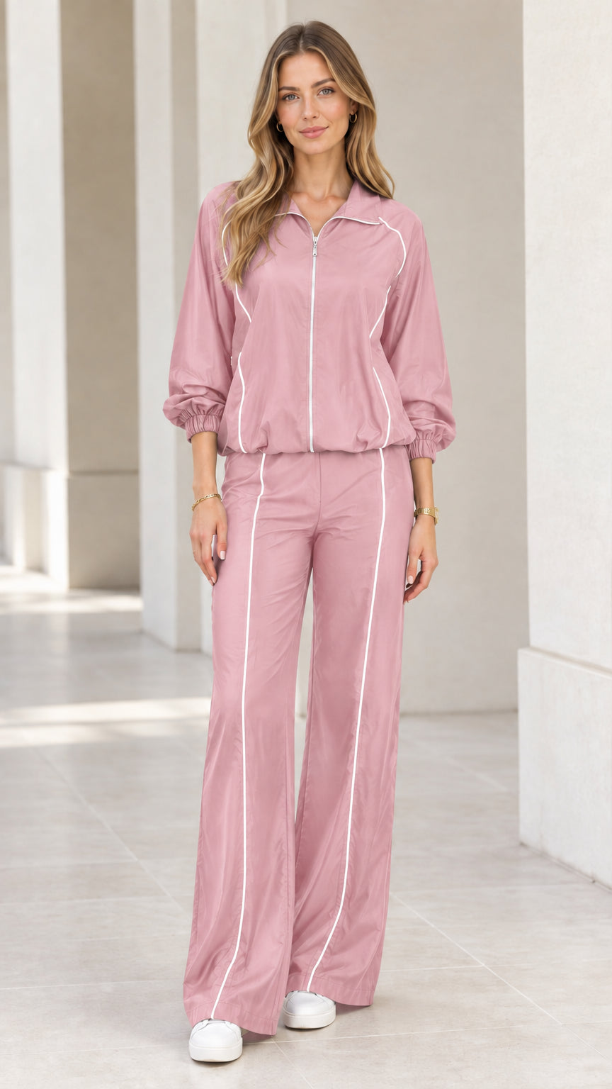 Full front view of dusty pink contrast piping tracksuit set with wide leg pants