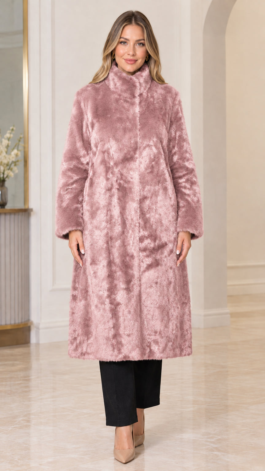 Front view of woman wearing dusty pink longline plush faux fur coat