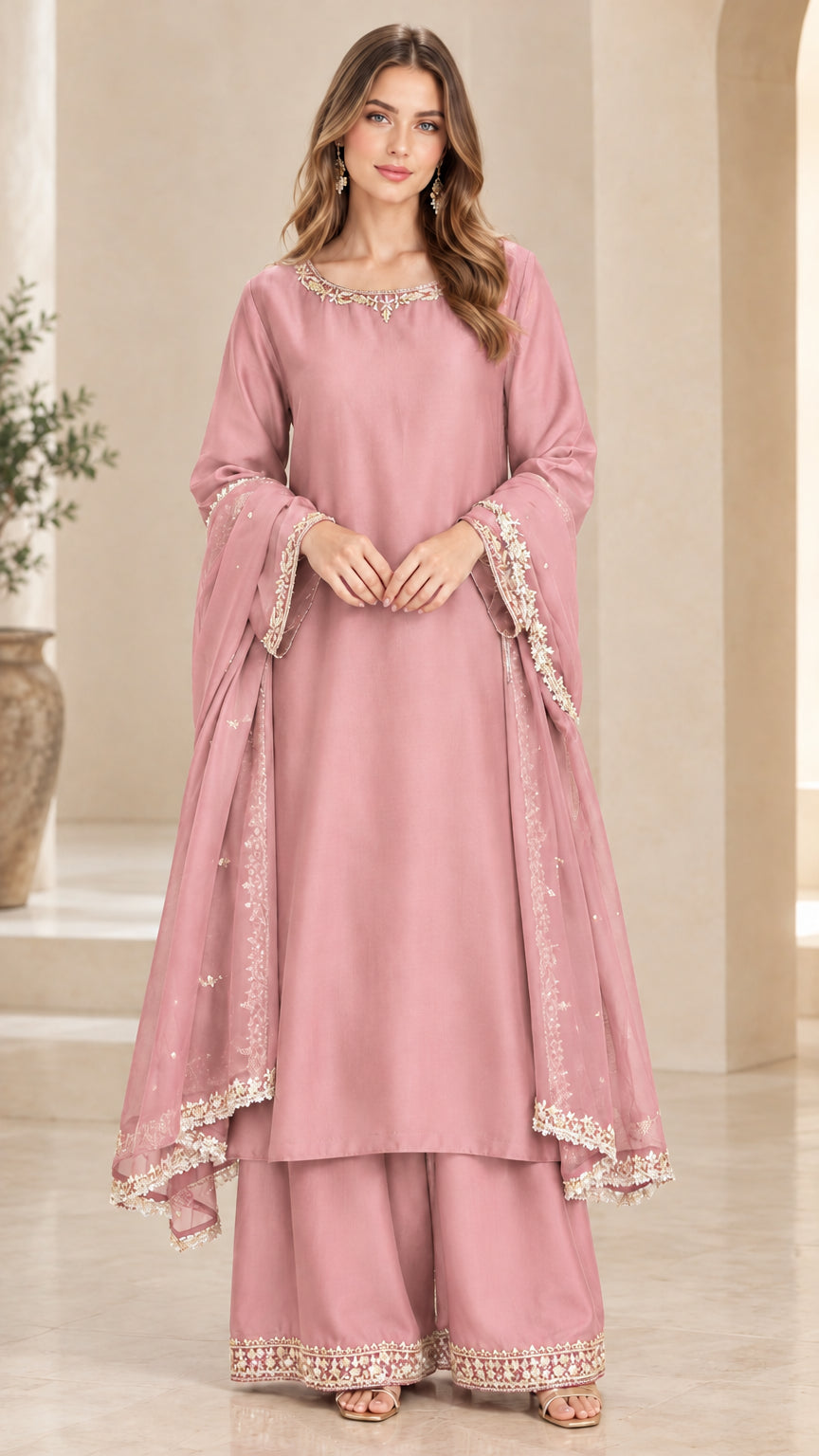 Dusty pink 3-piece embroidered ethnic kurta palazzo set