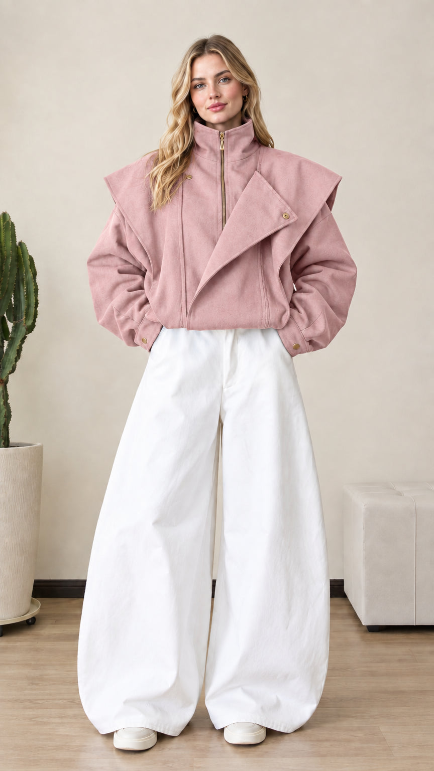 Front view of woman wearing dusty pink asymmetrical zip-up bomber jacket