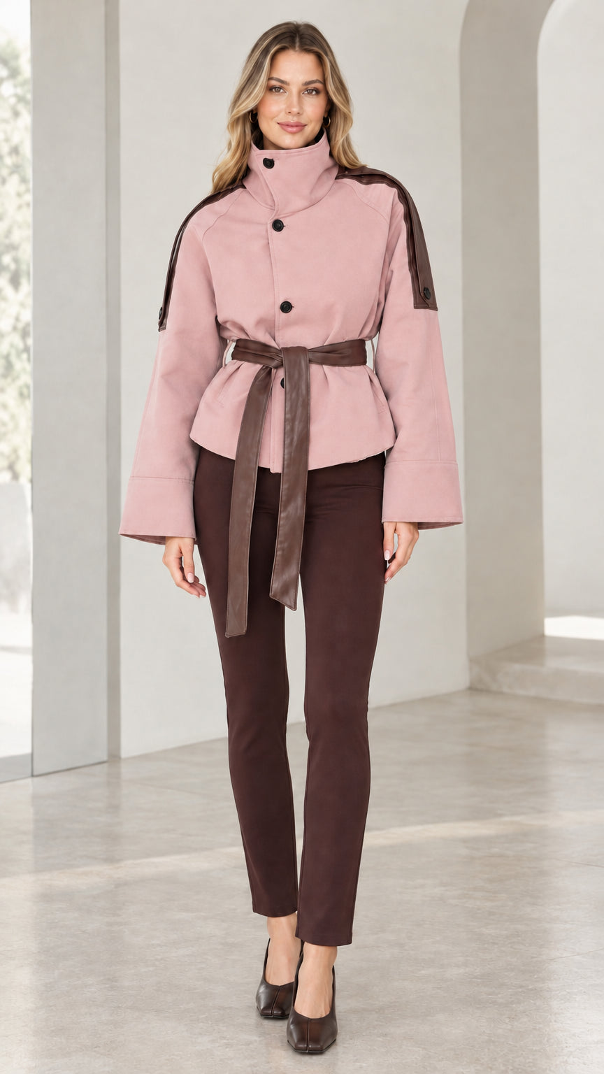 Model wearing dusty pink high-neck short jacket with contrast brown belt and shoulder panels
