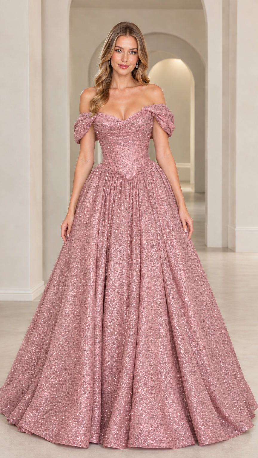 Front view of model wearing Dusty Pink shimmer corset evening ball gown