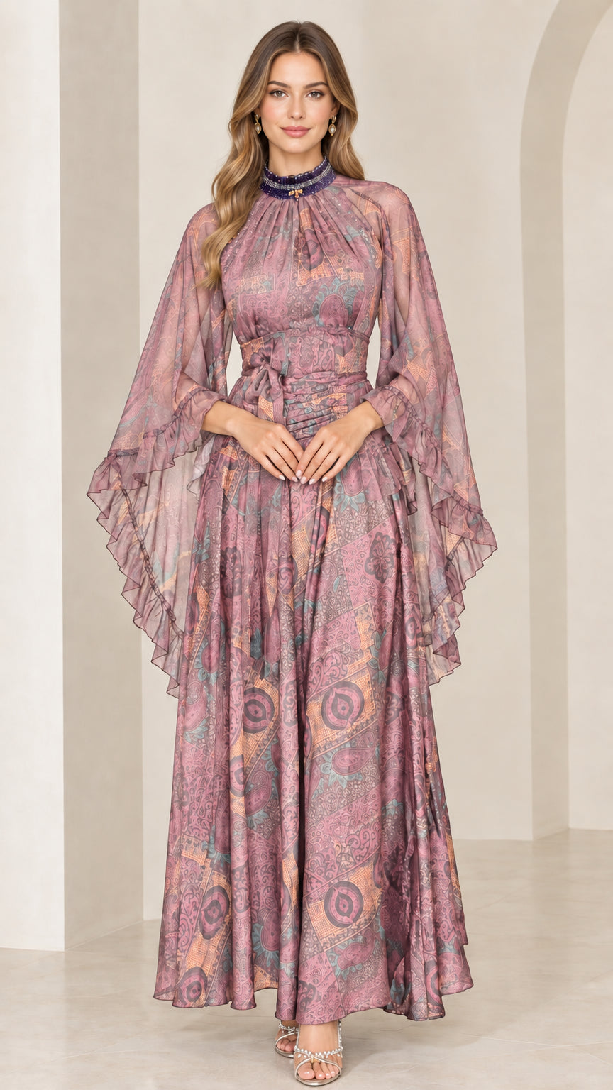 Full front view of Dusty Pink printed high neck maxi dress with cascading sleeves