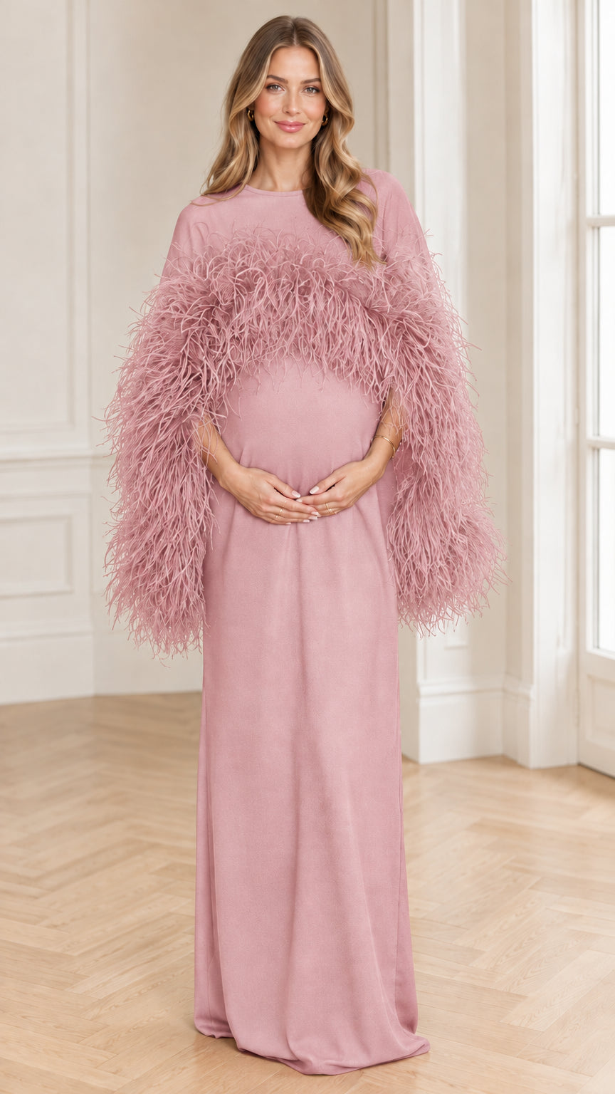 Dusty pink feather trim capelet maternity maxi photoshoot dress