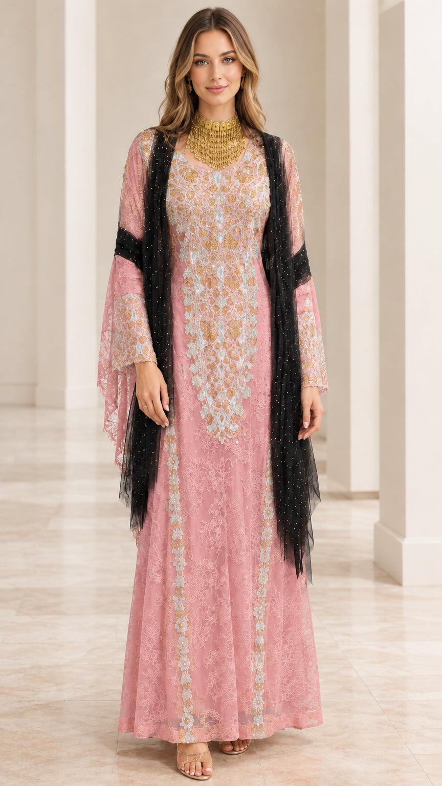 Pink embroidered lace kaftan evening dress with draped scarf