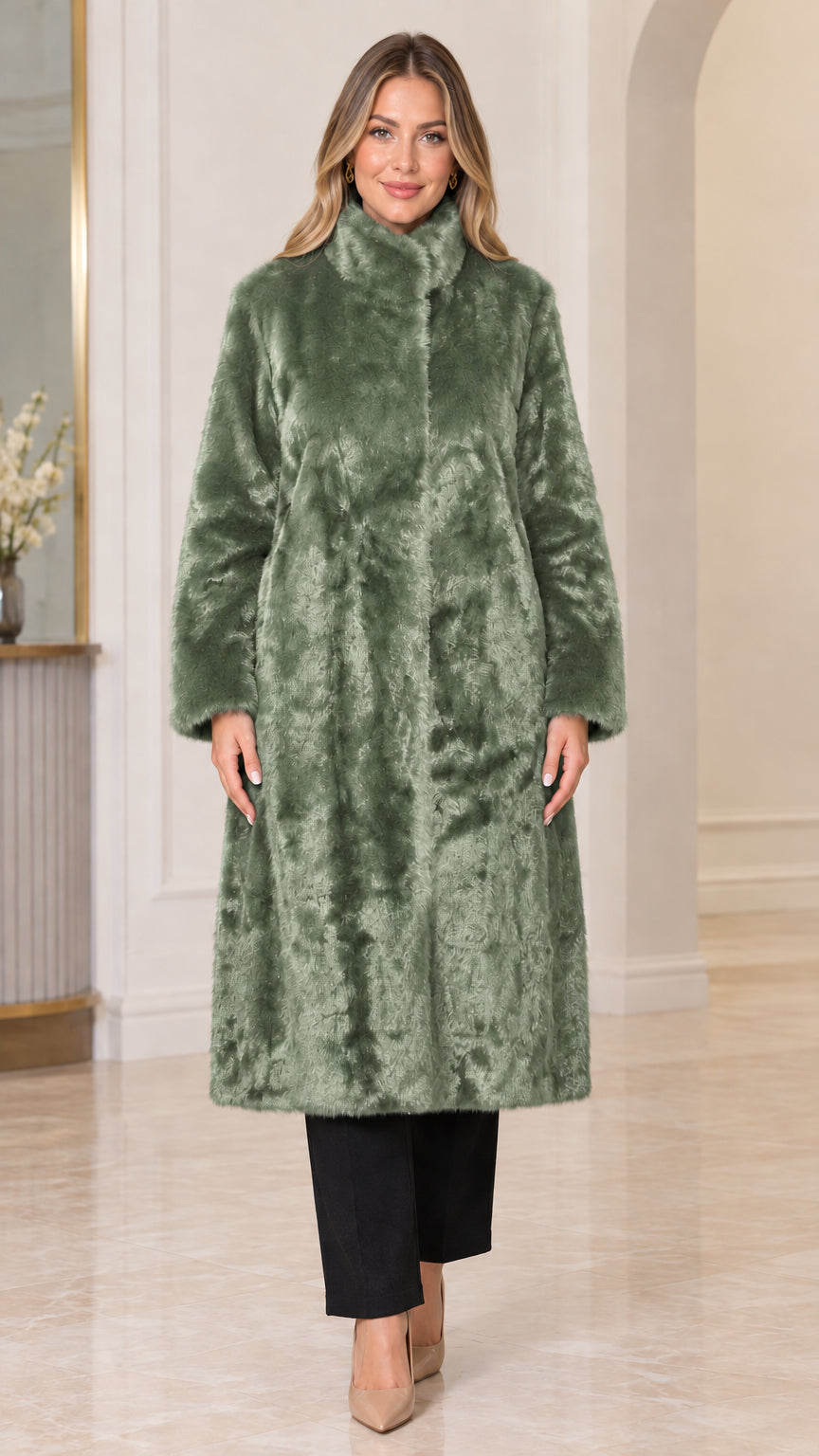 Front view of woman wearing sage green stand collar longline faux fur coat