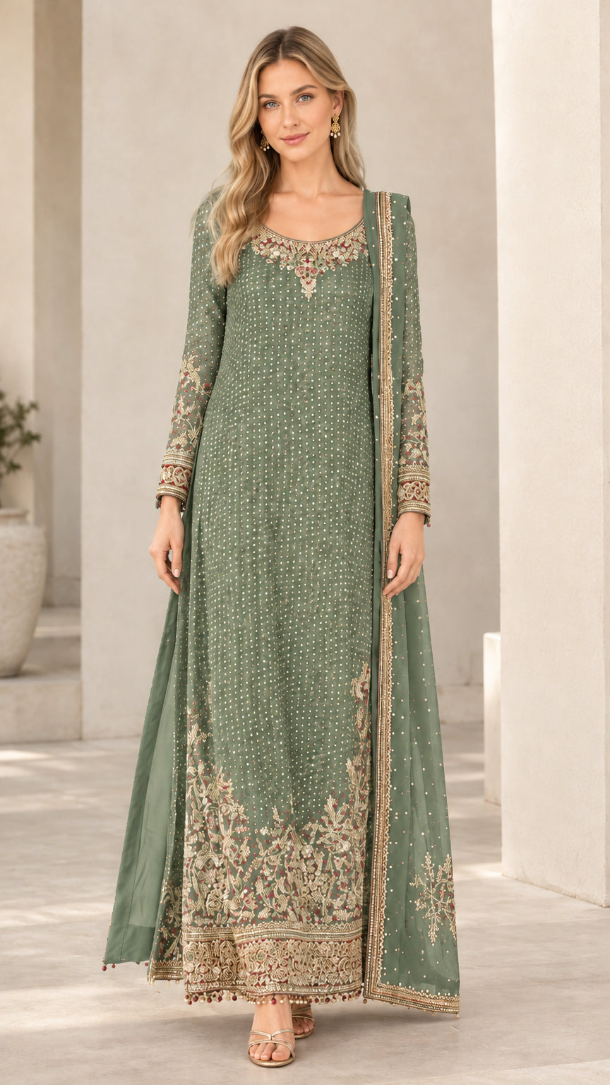 Full front view of sage green embroidered long sleeve formal gown