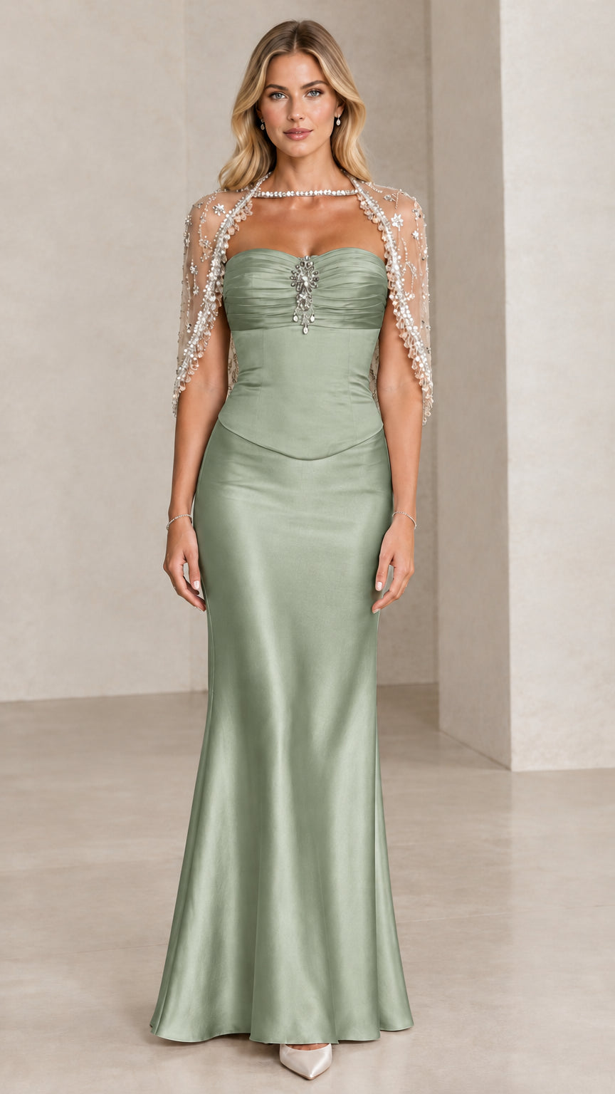 Front view of Sage Green satin evening dress with beaded sheer capelet