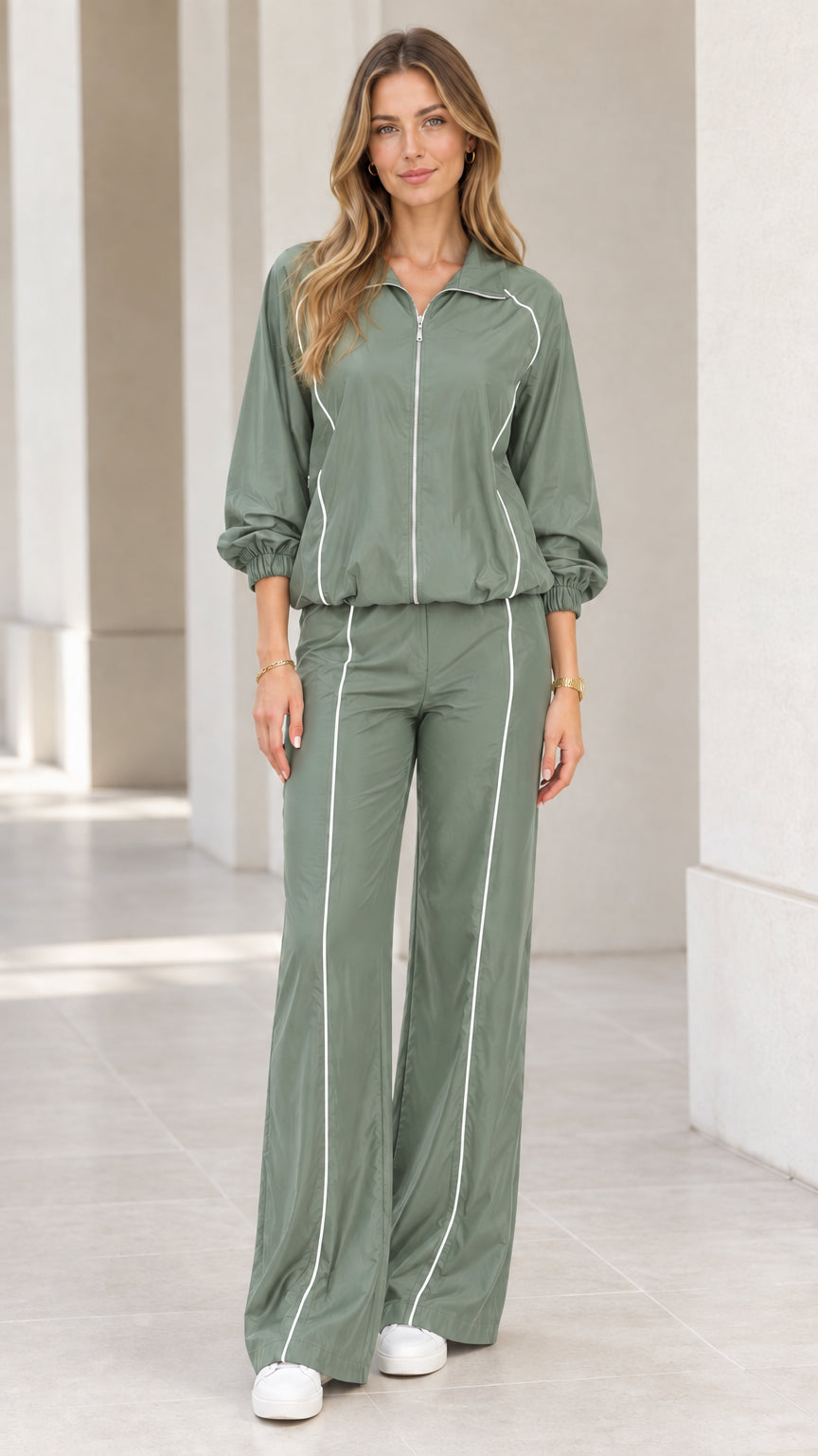 Full front view of sage green contrast piping tracksuit set with wide leg pants