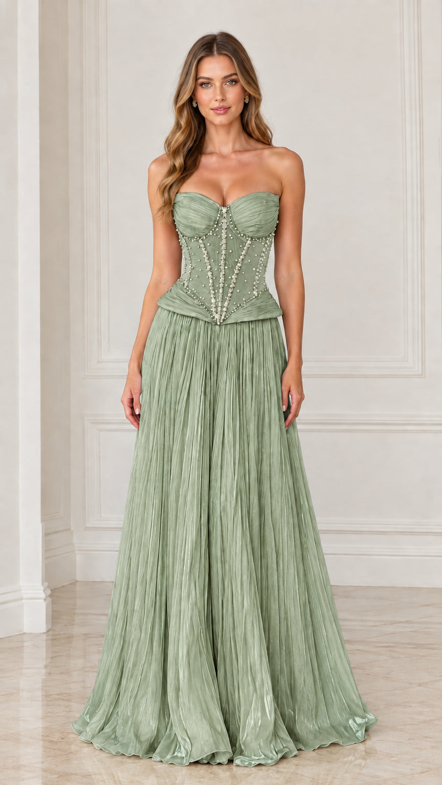 Front view of sage green strapless beaded corset evening gown