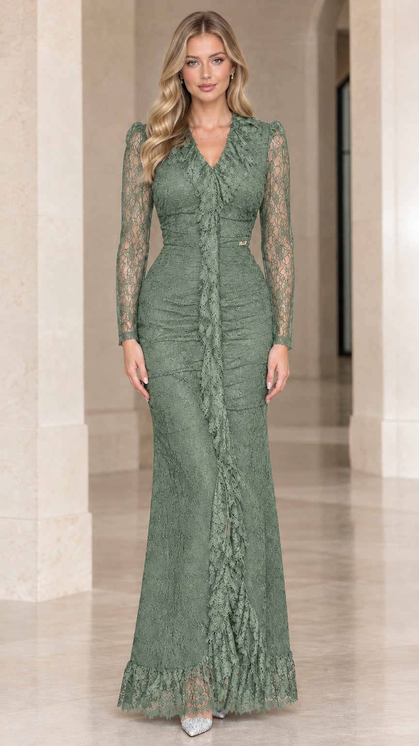 Front full-length view of Sage Green lace long sleeve formal gown