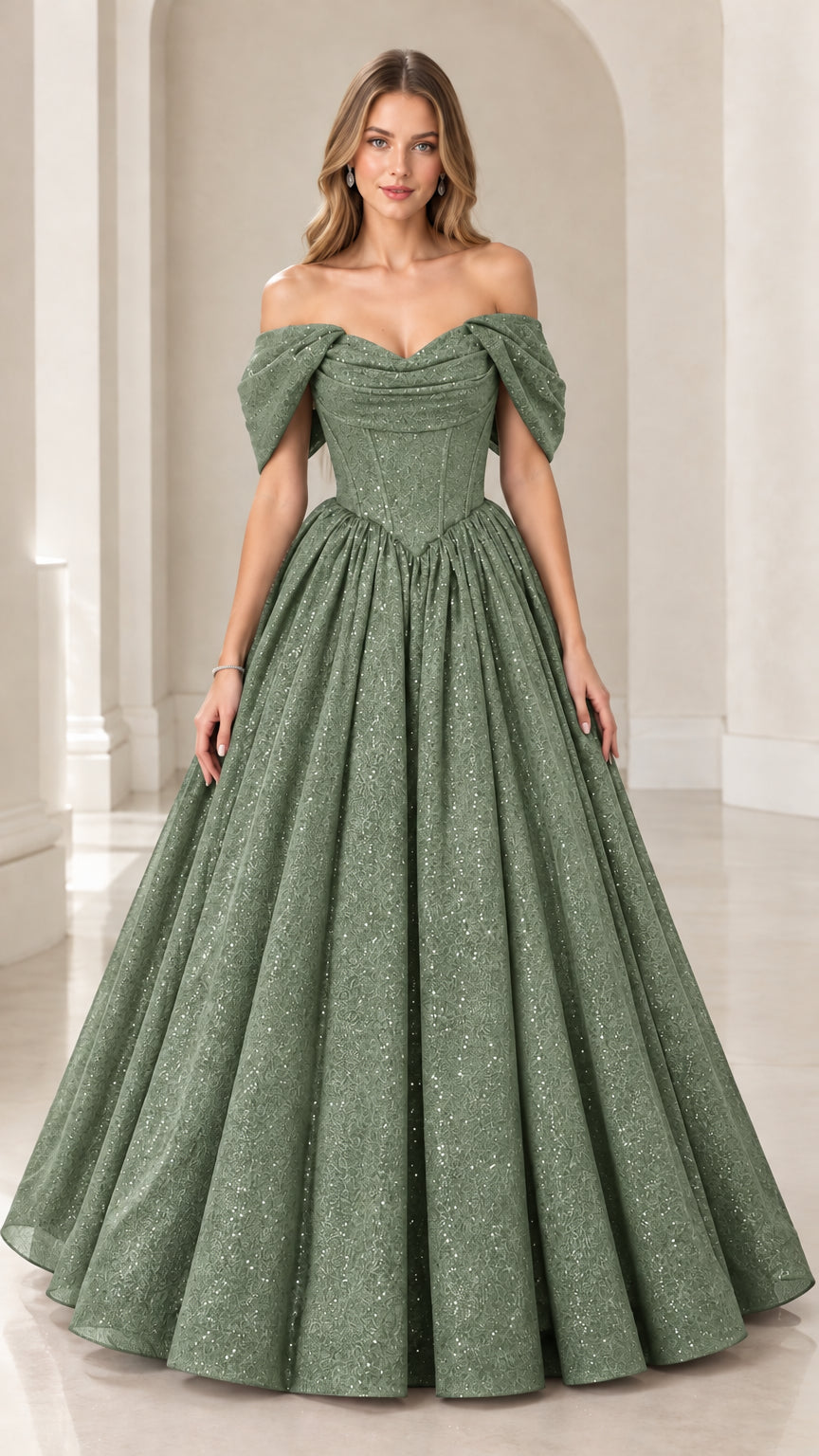 Sage green off-the-shoulder glitter basque waist ball gown