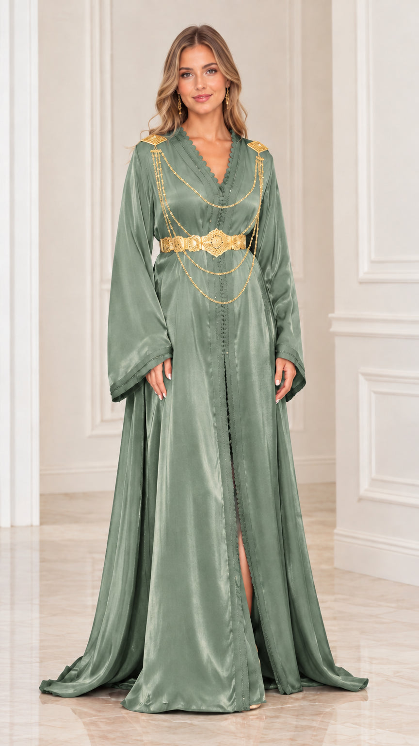 Front view of sage green satin caftan maxi dress with ornate gold belt
