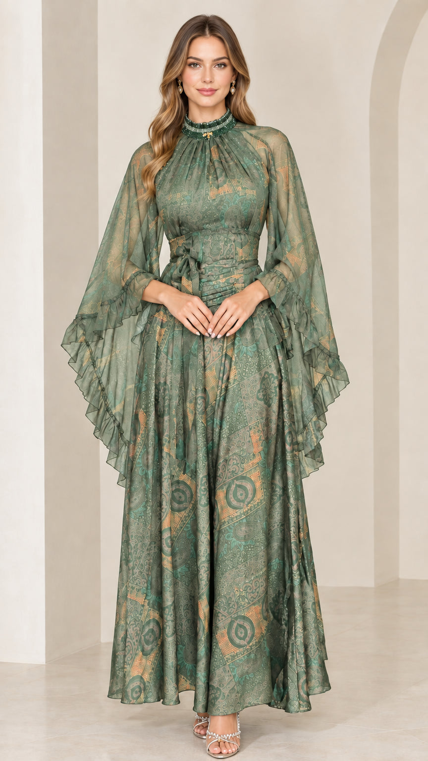 Full front view of Sage Green printed high neck maxi gown with ruffled sleeves