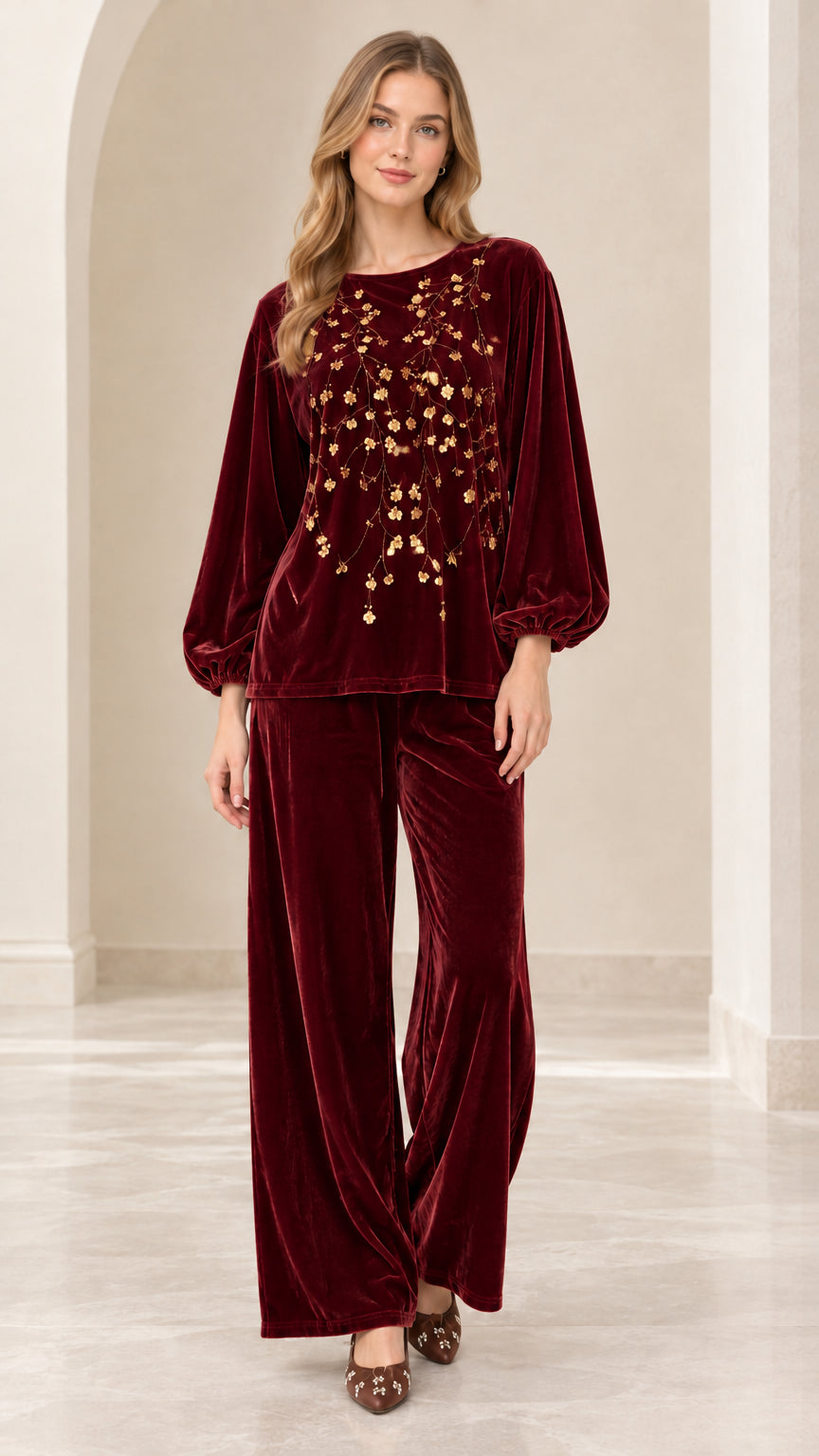 Front view of women's burgundy wine velvet two-piece set with floral sequins