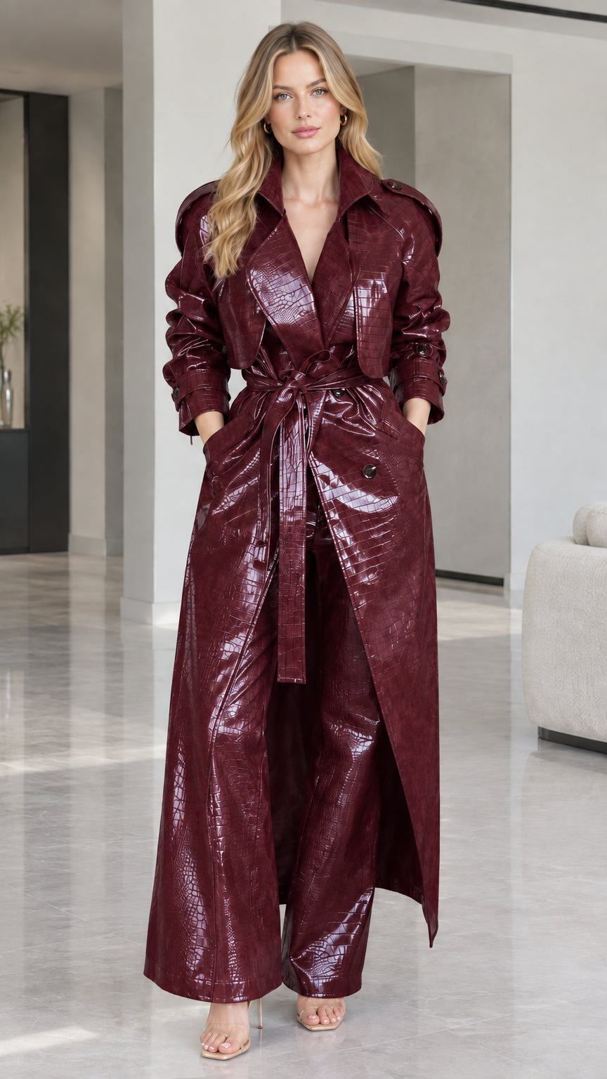 Woman wearing Burgundy wine-red croc-embossed faux leather maxi trench coat