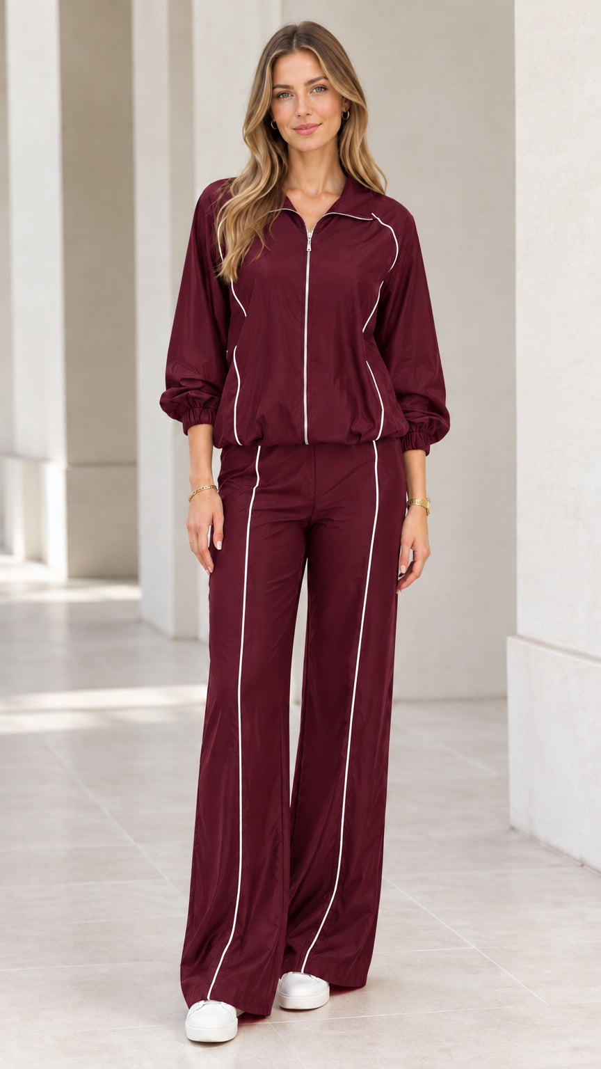 Full front view of burgundy wine red contrast piping tracksuit set with wide leg pants