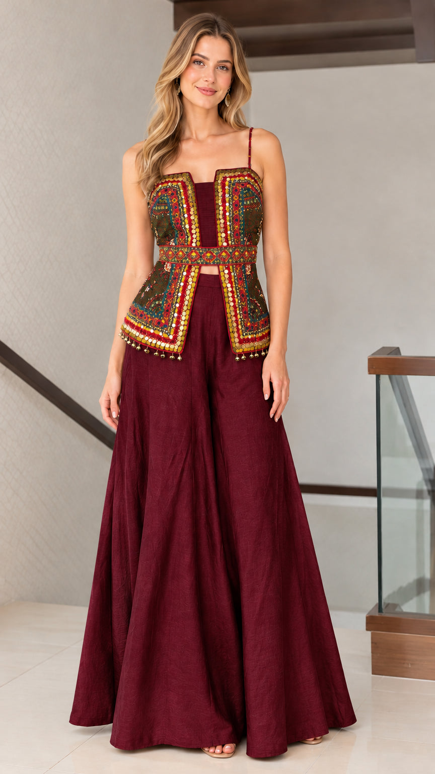 Burgundy wine red embroidered peplum top and palazzo pants set