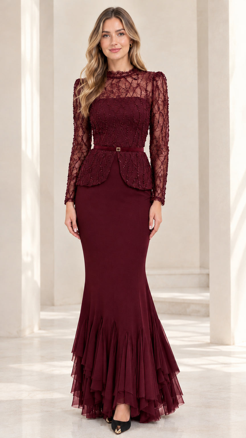 Burgundy wine long-sleeve beaded lace evening maxi dress