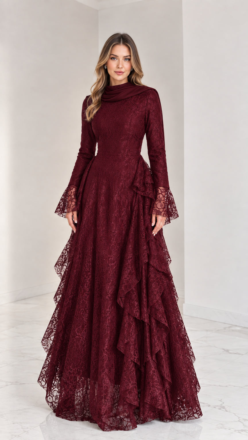 Modest burgundy wine lace formal maxi dress with bell cuffs