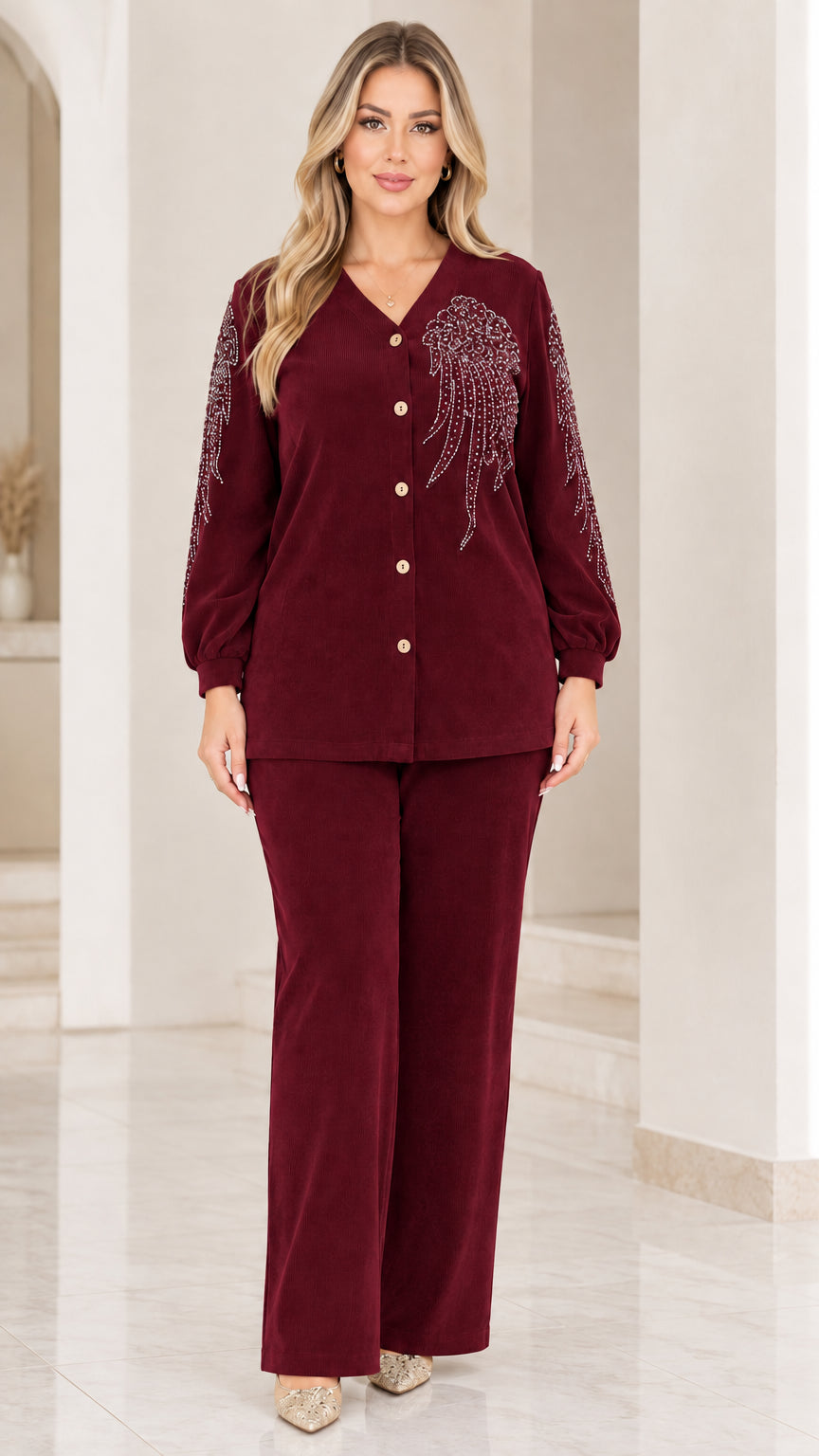 Front view of woman wearing burgundy wine red ribbed two-piece pant set