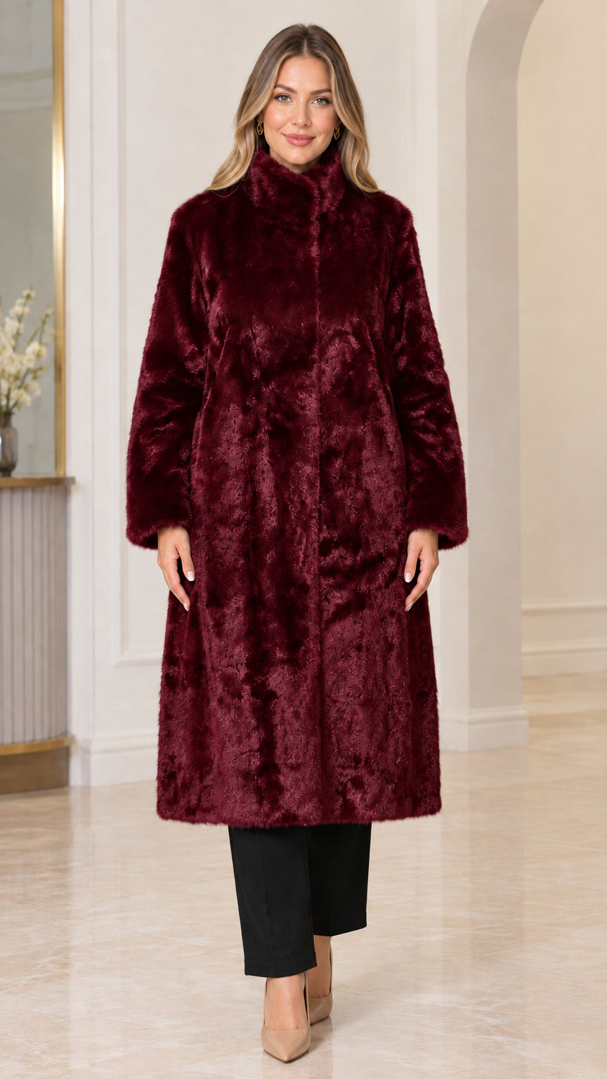 Front view of woman wearing rich burgundy wine red longline faux fur coat