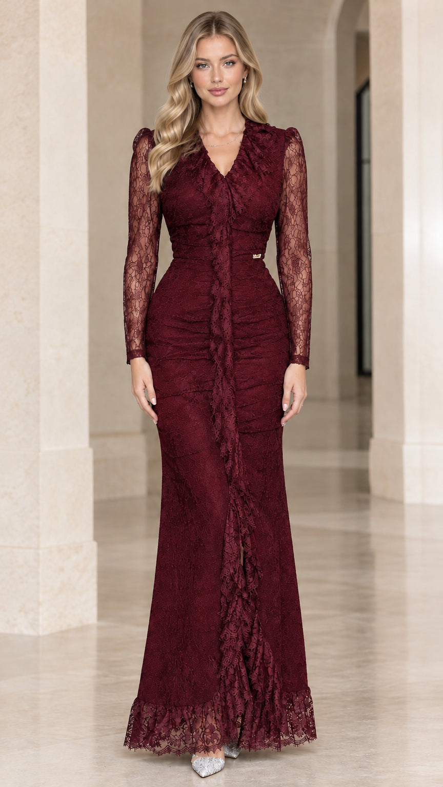 Front full-length view of Burgundy red lace long sleeve formal gown