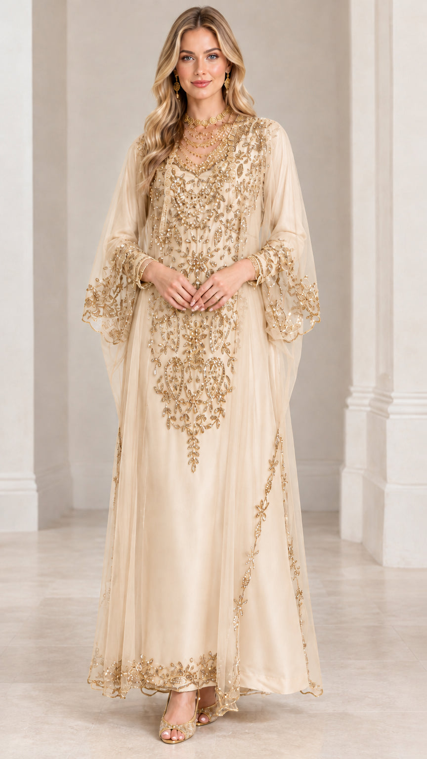 Front view of champagne cream kaftan maxi dress with shimmering gold details