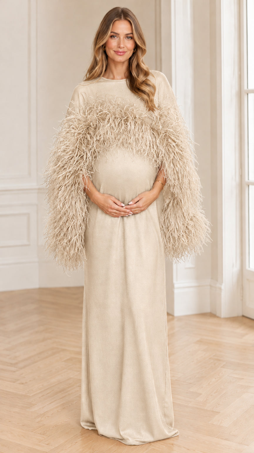 Champagne cream feather trim maternity column evening dress