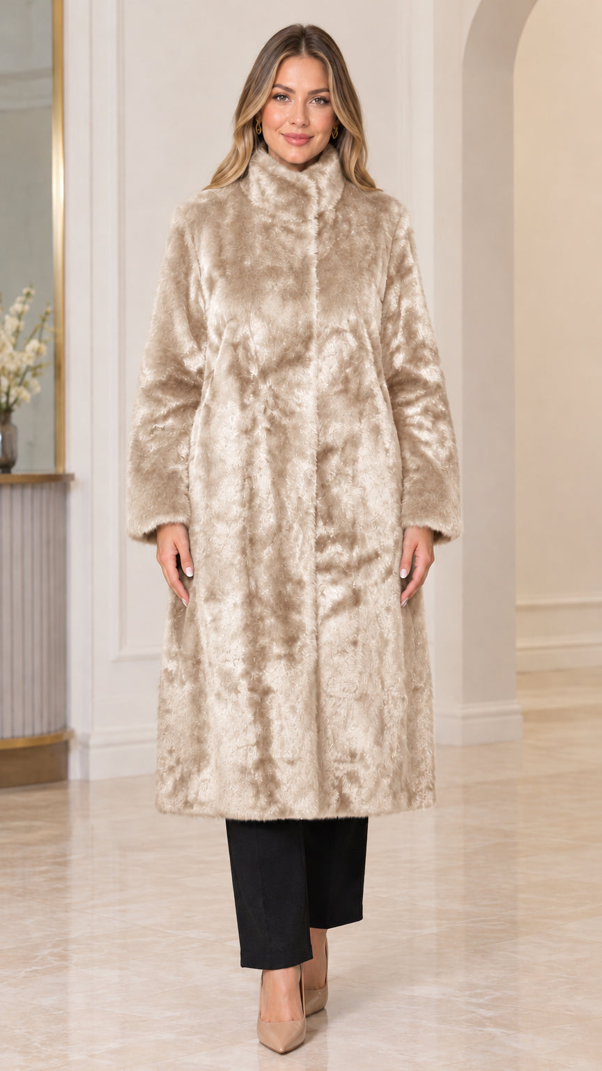 Front view of woman wearing champagne beige longline plush faux fur coat
